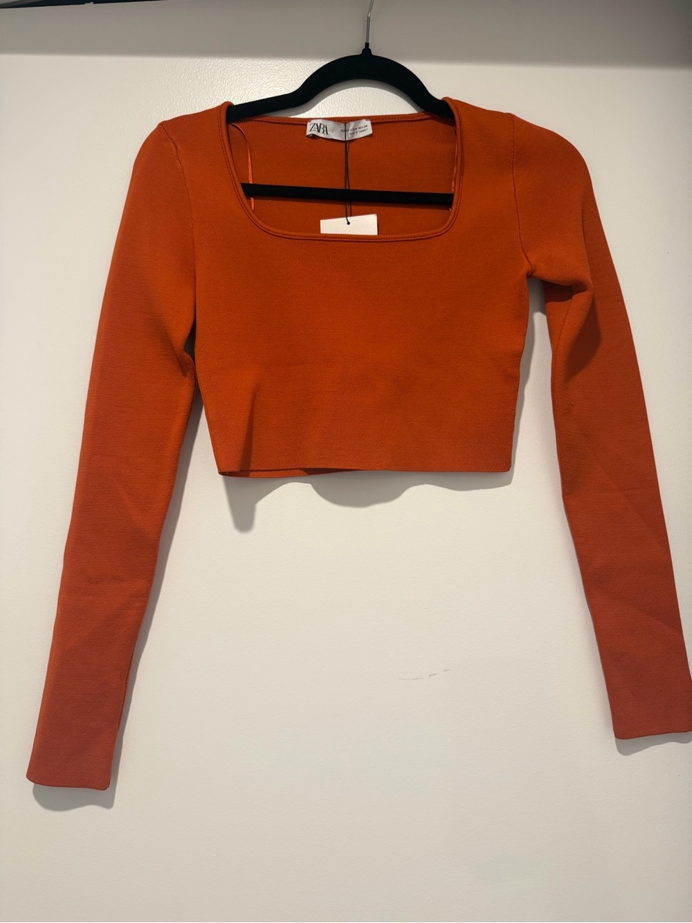 Zara Rust Orange Long-Sleeve Square Neck Sweater Crop Top - Size M